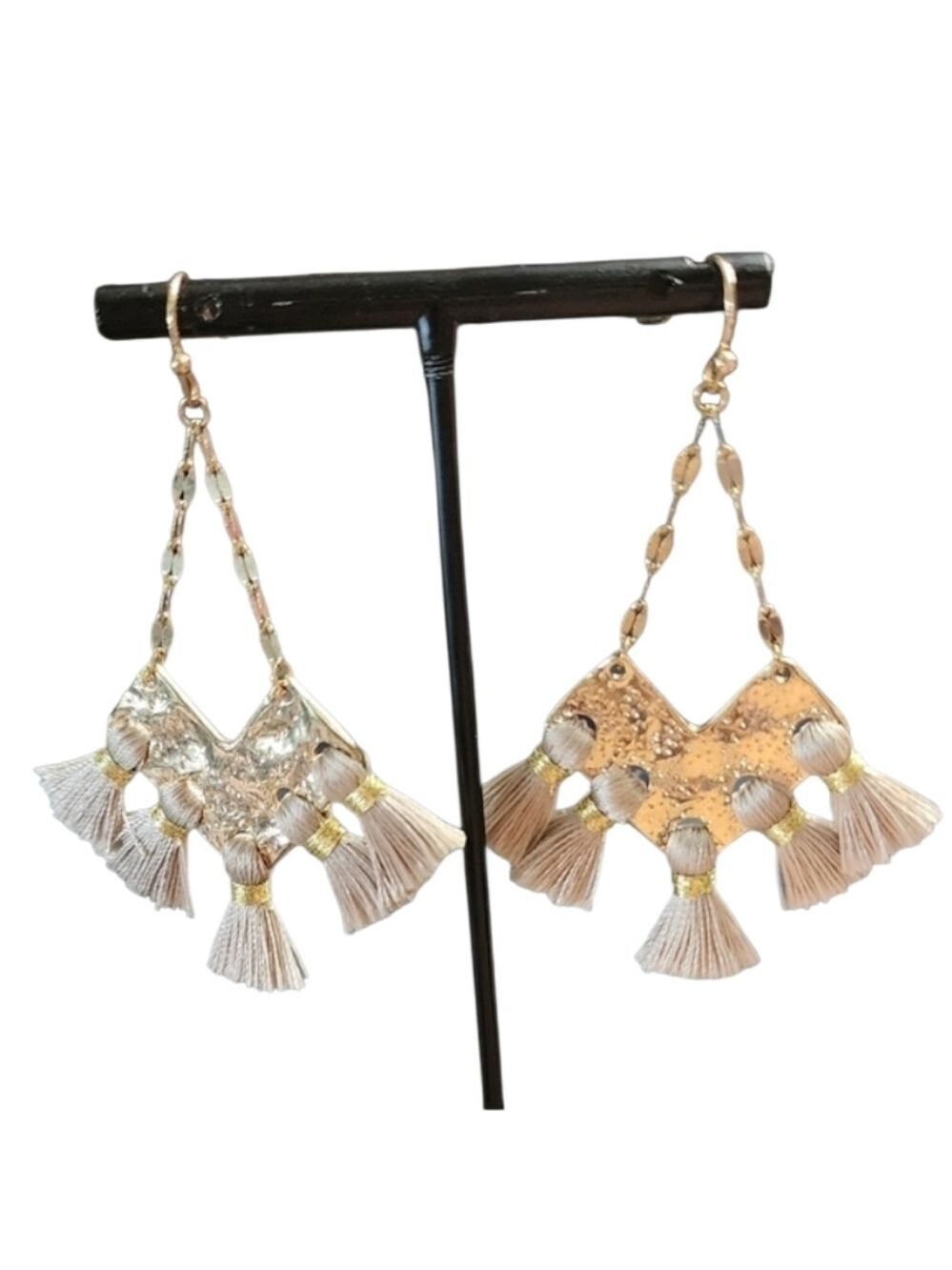 Gold Beige Tassel Dangle Earrings